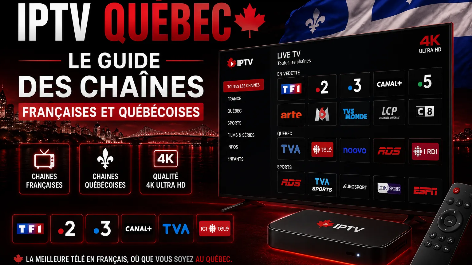 Guide des chaînes IPTV Quebec sur une télé 4K : réseaux québécois, chaînes de France, sports et cinéma