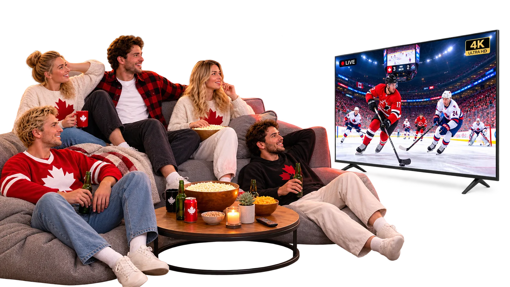 Friends in Team Canada hockey sweaters watching a live NHL game in 4K on IPTVApp.ca